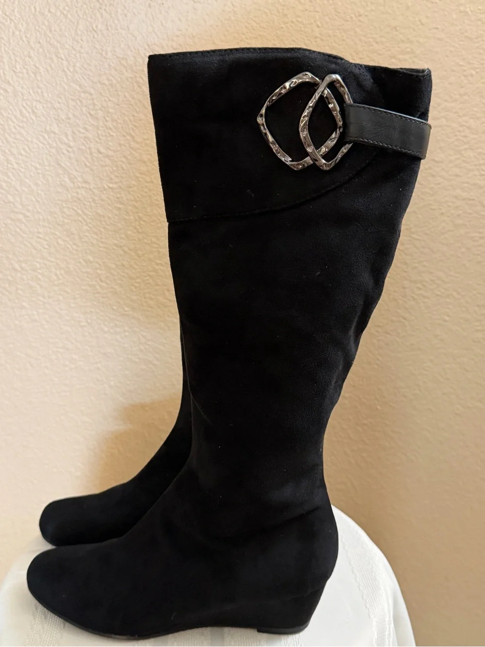 Impo Black Over-the-Knee Wedge Boots with Buckle Detail